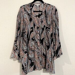 Spense Women's Button Front Shirt 3X Black Paisley Stretch Smock Body Longline